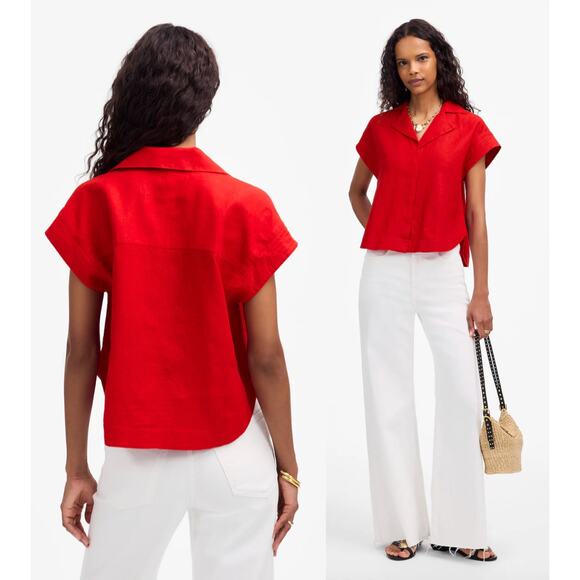 Madewell | NWT Resort-Collar Shirt in 100% Linen in Festival Red | Sz S - Picture 1 of 8